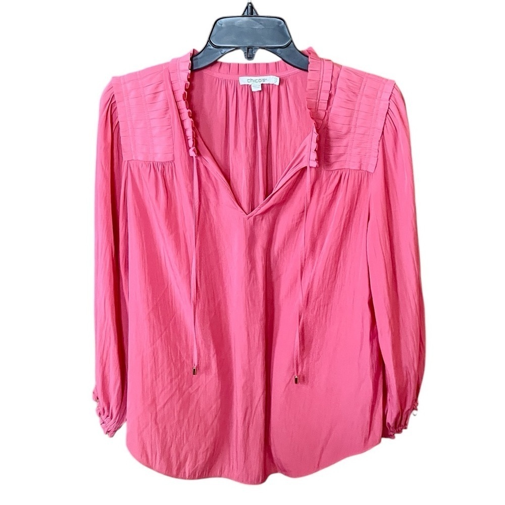 Chico’s 0.5 women’s long sleeve pin tuck silky peasant blouse 6 pink Valentines